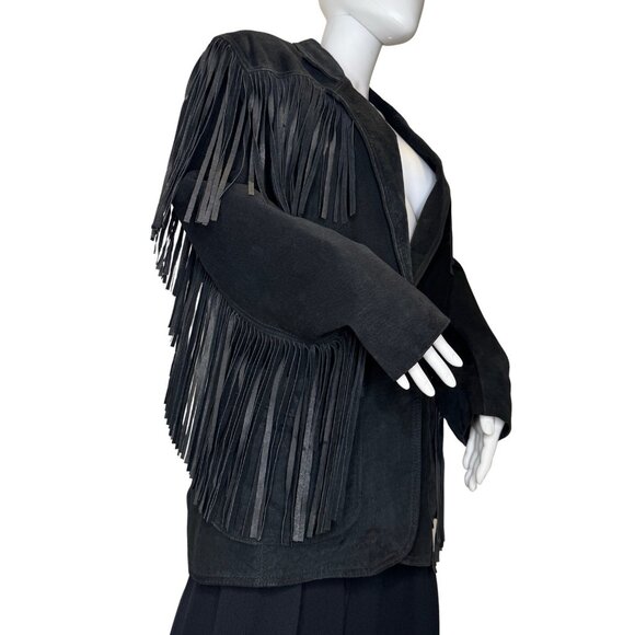 Vintage Winlit Size M Suede Fringe Jacket Black Western - Picture 3 of 13